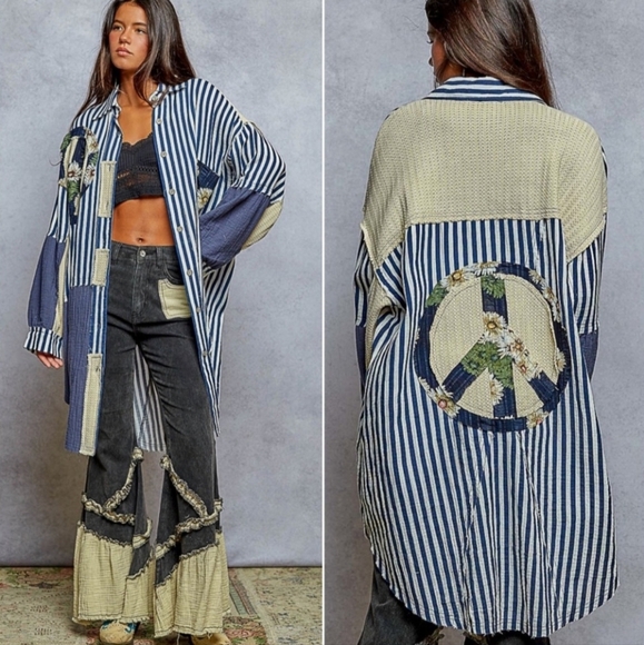 POL Floral Print Peace Striped Patchwork Oversized Buttoned Down Shirt.Sz S.NWOT - Picture 1 of 8